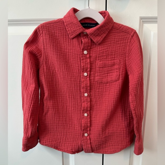 Janie and Jack Boys Red Gauze Roll-Cuff Shirt (Size 4) - Picture 1 of 5